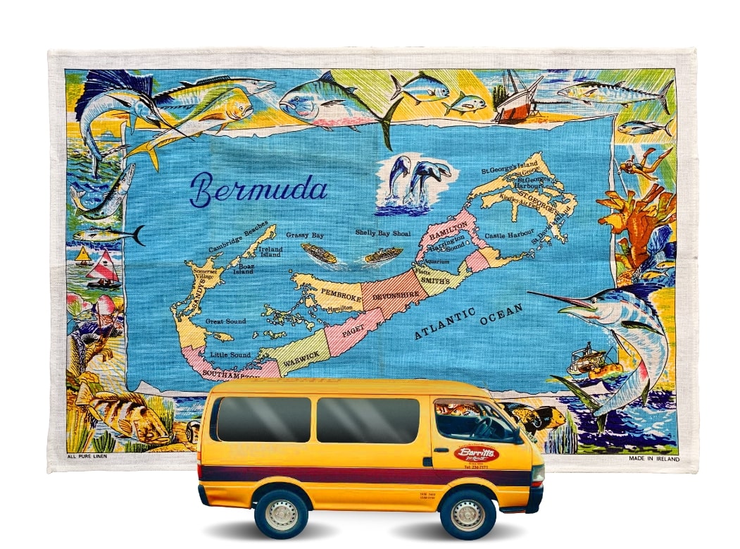 Tapestry that contains a map of Bermuda with a border filled with tropical fish and boats. The yellow Barritt's van also pictured.
