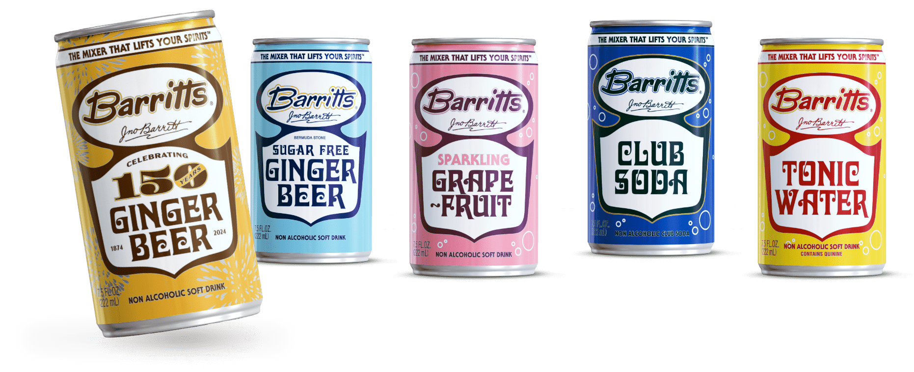 Cans of the 6 different Barritt's mixers in a line