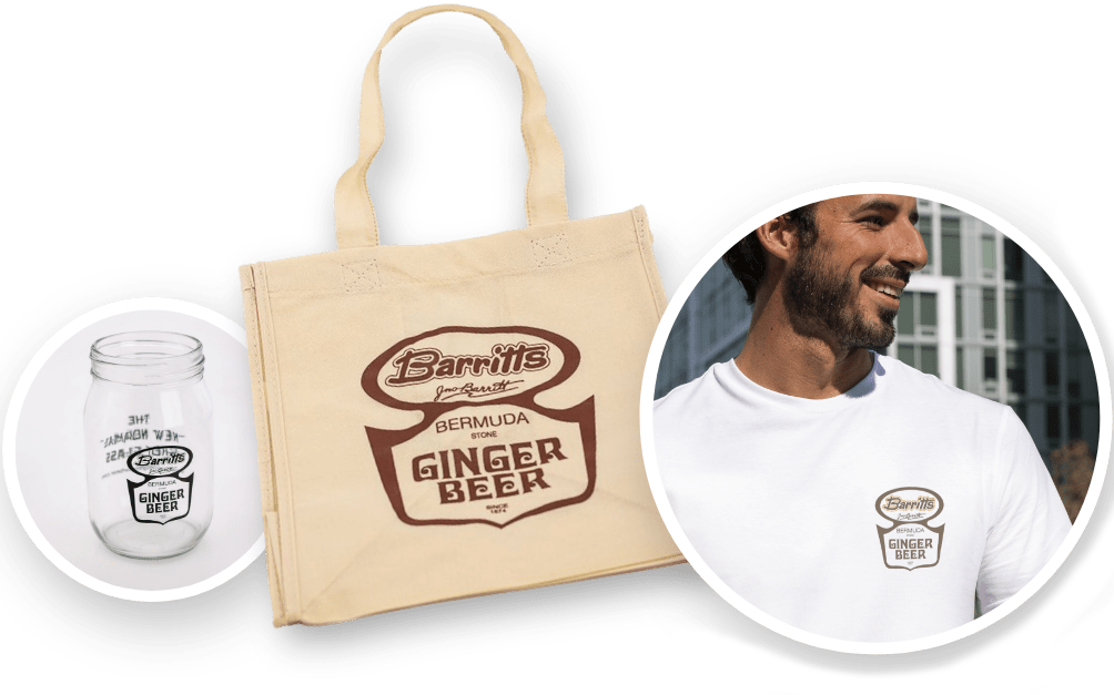 Mason jar, tote bag, and a man wearing a white tee shirt. All three products with barritts ginger beer logo.